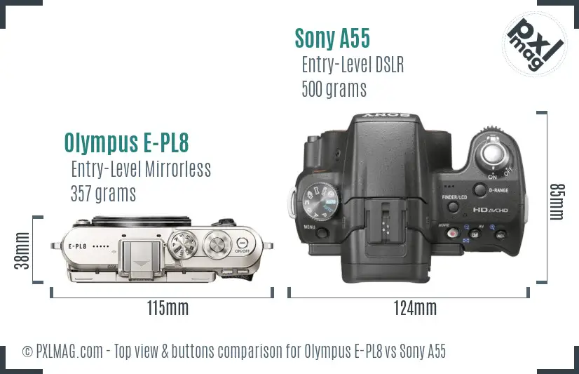 Olympus E-PL8 vs Sony A55 top view buttons comparison