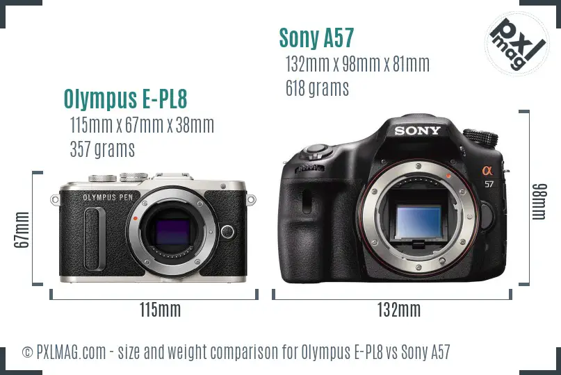 Olympus E-PL8 vs Sony A57 size comparison