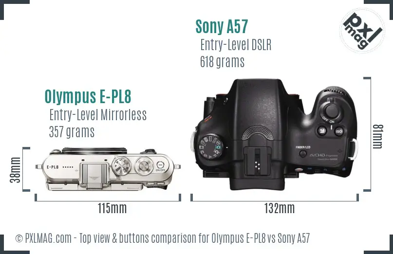 Olympus E-PL8 vs Sony A57 top view buttons comparison