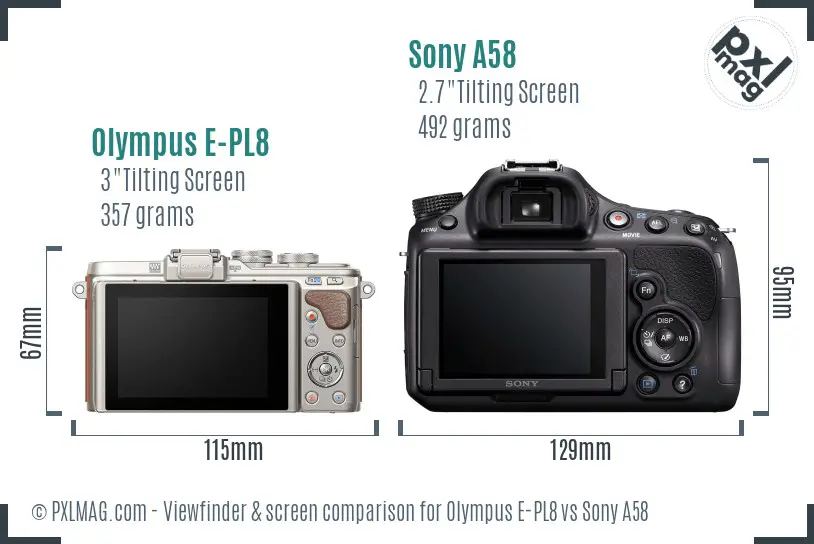 Olympus E-PL8 vs Sony A58 Screen and Viewfinder comparison