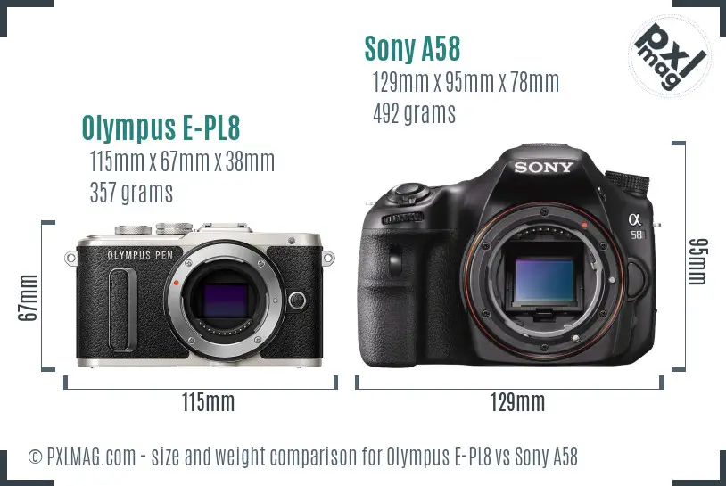 Olympus E-PL8 vs Sony A58 size comparison