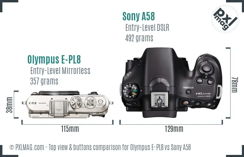 Olympus E-PL8 vs Sony A58 top view buttons comparison