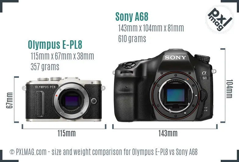 Olympus E-PL8 vs Sony A68 size comparison