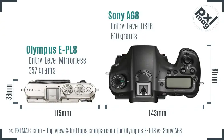 Olympus E-PL8 vs Sony A68 top view buttons comparison