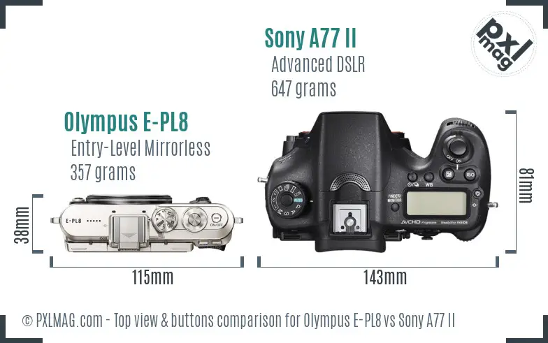 Olympus E-PL8 vs Sony A77 II top view buttons comparison