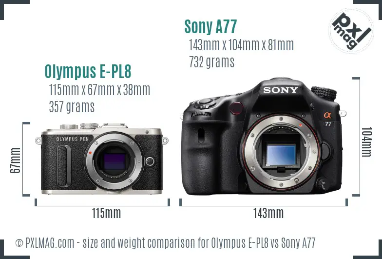 Olympus E-PL8 vs Sony A77 size comparison