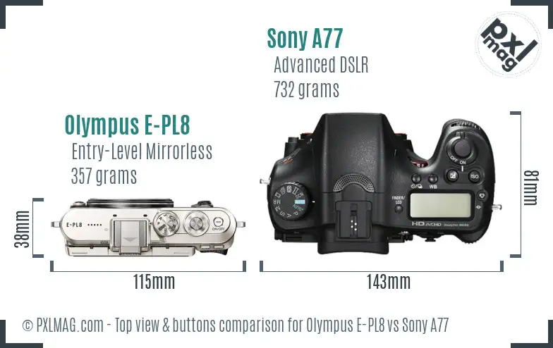 Olympus E-PL8 vs Sony A77 top view buttons comparison