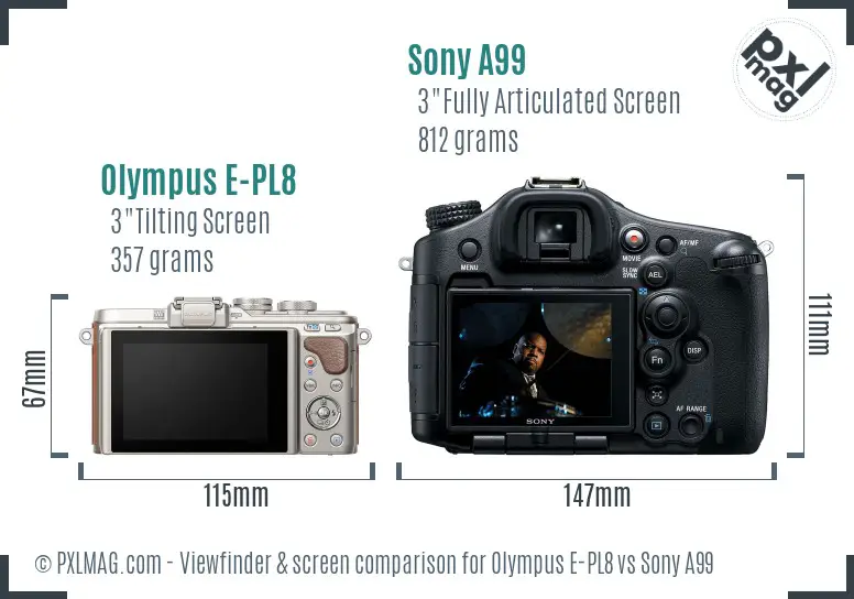 Olympus E-PL8 vs Sony A99 Screen and Viewfinder comparison