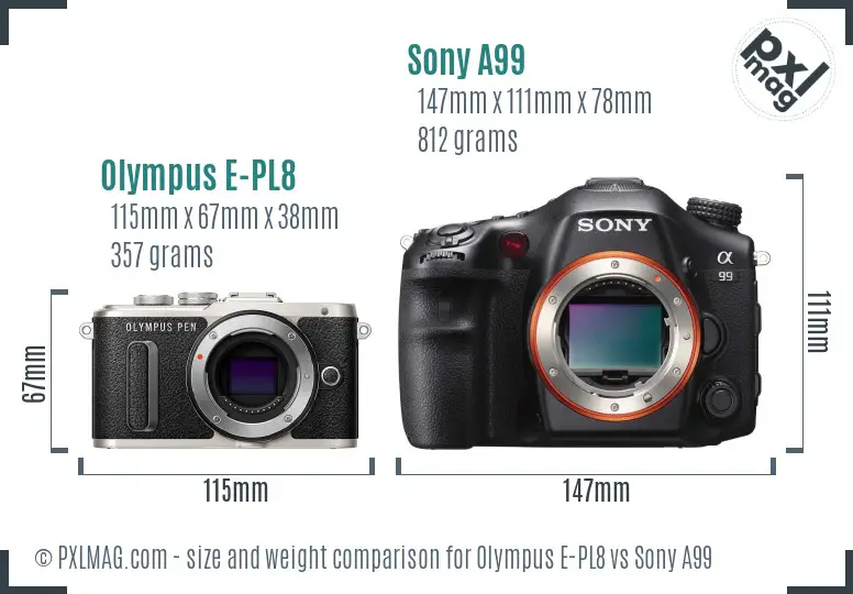 Olympus E-PL8 vs Sony A99 size comparison