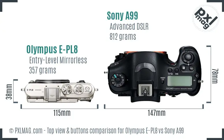 Olympus E-PL8 vs Sony A99 top view buttons comparison