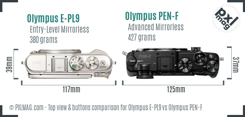 Olympus E-PL9 vs Olympus PEN-F top view buttons comparison