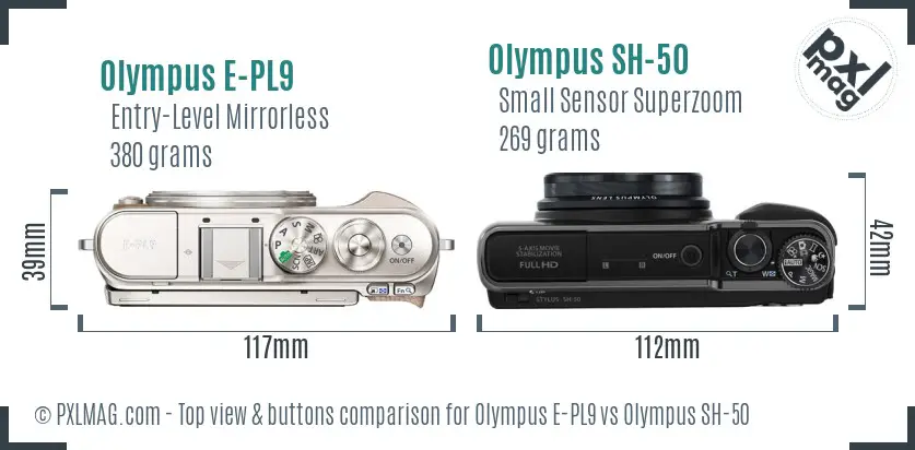 Olympus E-PL9 vs Olympus SH-50 top view buttons comparison