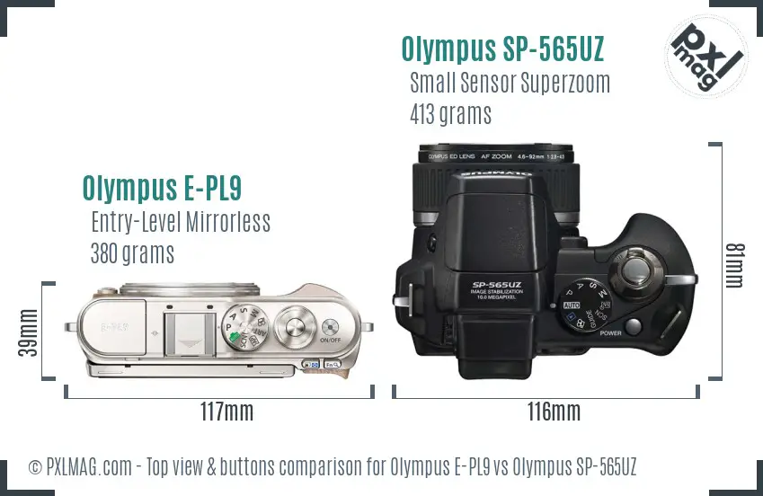 Olympus E-PL9 vs Olympus SP-565UZ top view buttons comparison
