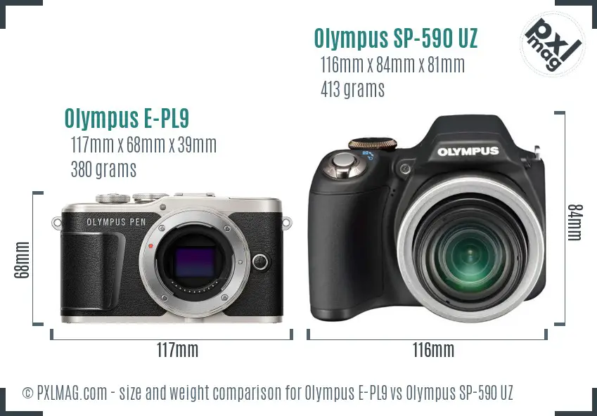 Olympus E-PL9 vs Olympus SP-590 UZ size comparison