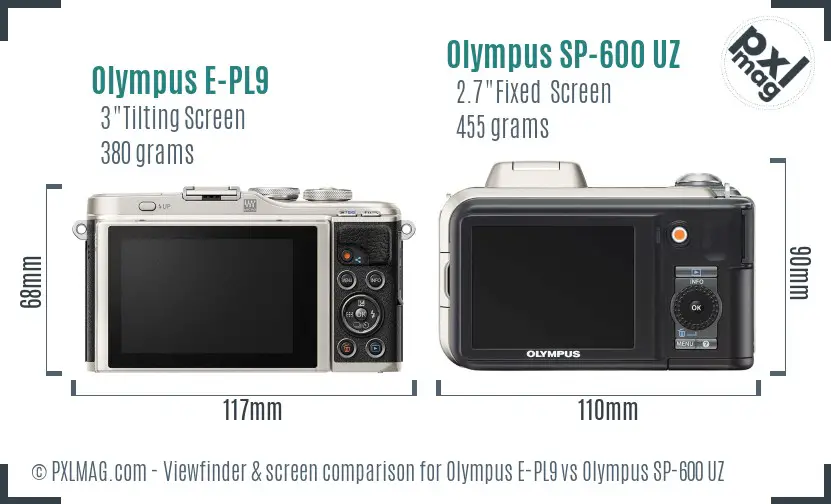 Olympus E-PL9 vs Olympus SP-600 UZ Screen and Viewfinder comparison