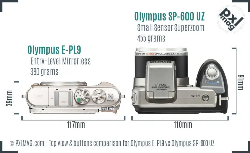 Olympus E-PL9 vs Olympus SP-600 UZ top view buttons comparison