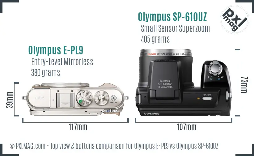 Olympus E-PL9 vs Olympus SP-610UZ top view buttons comparison