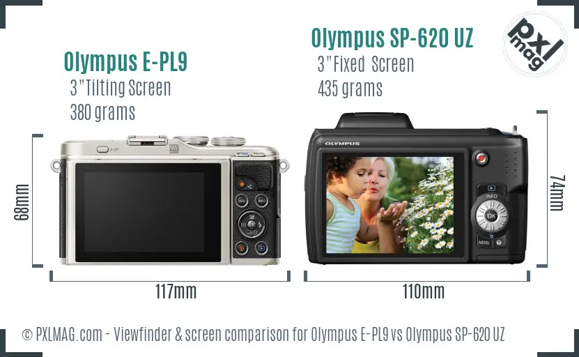 Olympus E-PL9 vs Olympus SP-620 UZ Screen and Viewfinder comparison