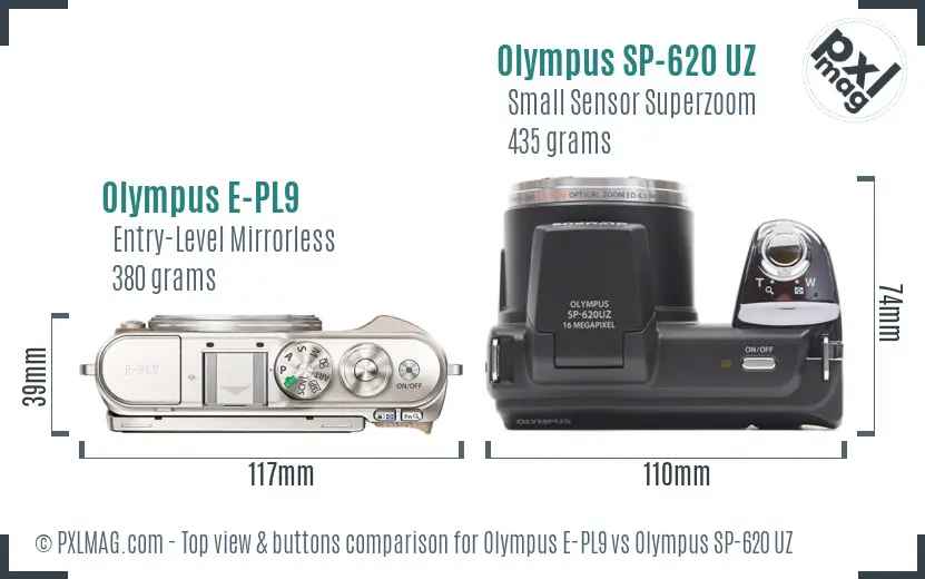 Olympus E-PL9 vs Olympus SP-620 UZ top view buttons comparison