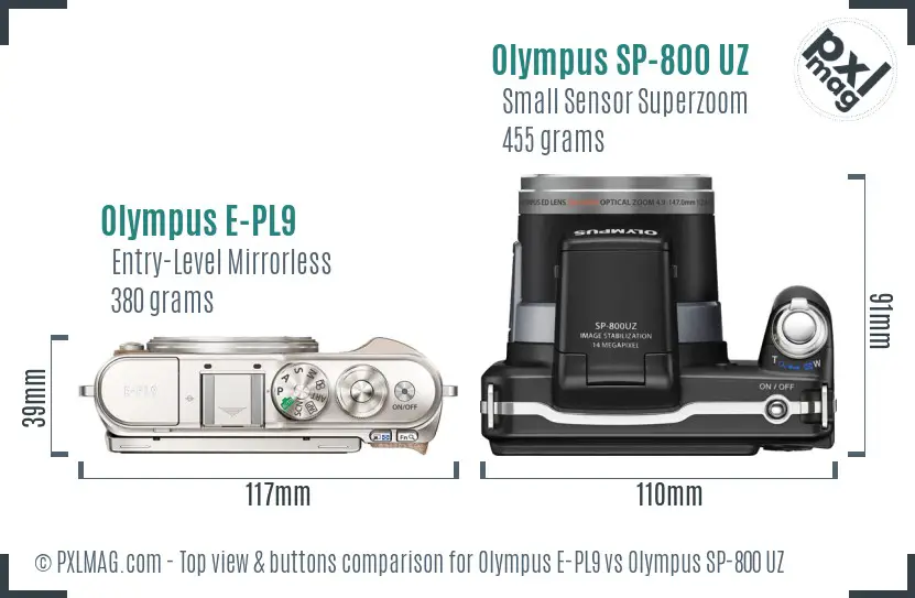 Olympus E-PL9 vs Olympus SP-800 UZ top view buttons comparison
