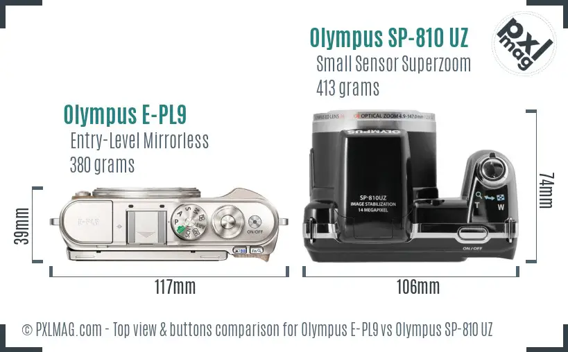 Olympus E-PL9 vs Olympus SP-810 UZ top view buttons comparison