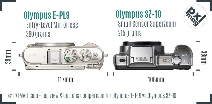 Olympus E-PL9 vs Olympus SZ-10 top view buttons comparison