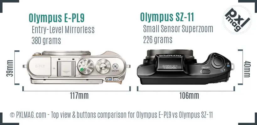 Olympus E-PL9 vs Olympus SZ-11 top view buttons comparison