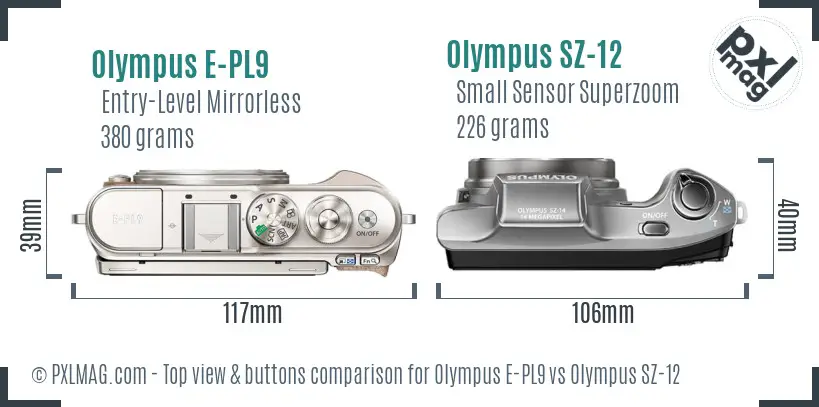 Olympus E-PL9 vs Olympus SZ-12 top view buttons comparison