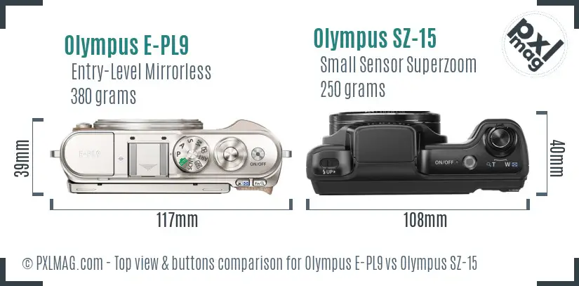Olympus E-PL9 vs Olympus SZ-15 top view buttons comparison