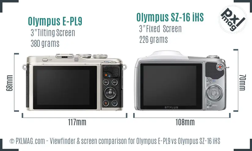 Olympus E-PL9 vs Olympus SZ-16 iHS Screen and Viewfinder comparison