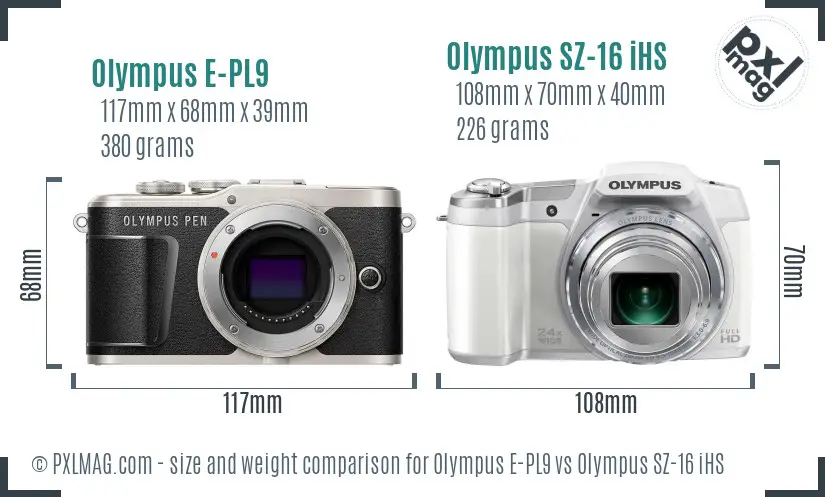 Olympus E-PL9 vs Olympus SZ-16 iHS size comparison