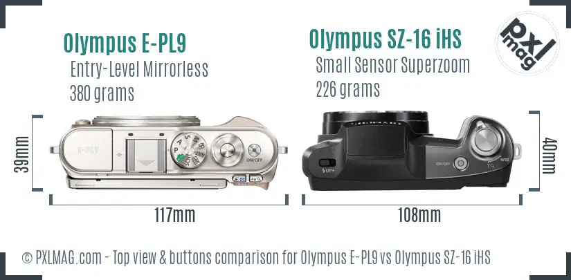 Olympus E-PL9 vs Olympus SZ-16 iHS top view buttons comparison