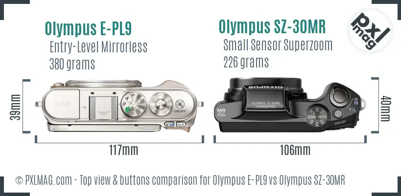 Olympus E-PL9 vs Olympus SZ-30MR top view buttons comparison