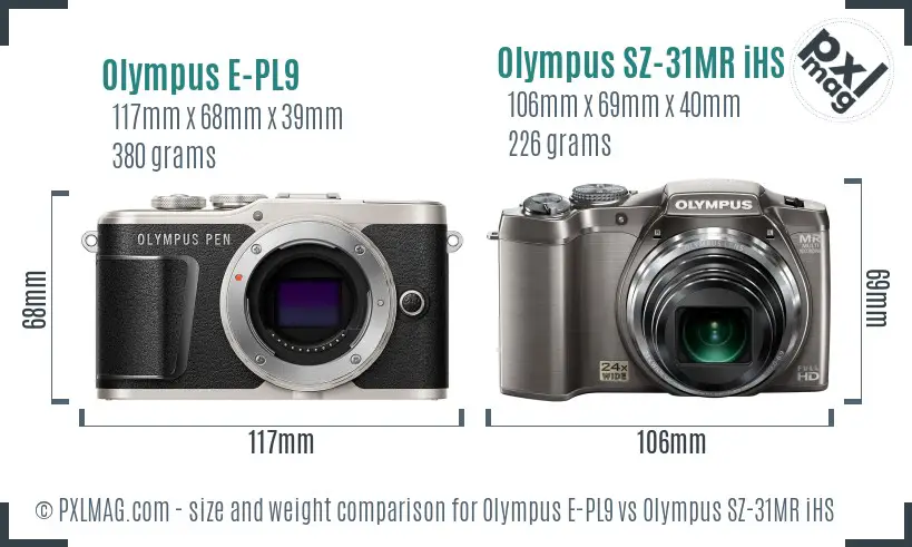 Olympus E-PL9 vs Olympus SZ-31MR iHS size comparison