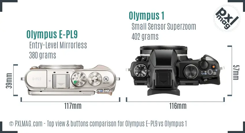Olympus E-PL9 vs Olympus 1 top view buttons comparison