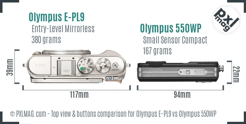 Olympus E-PL9 vs Olympus 550WP top view buttons comparison
