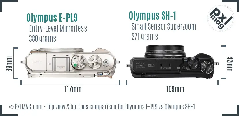 Olympus E-PL9 vs Olympus SH-1 top view buttons comparison