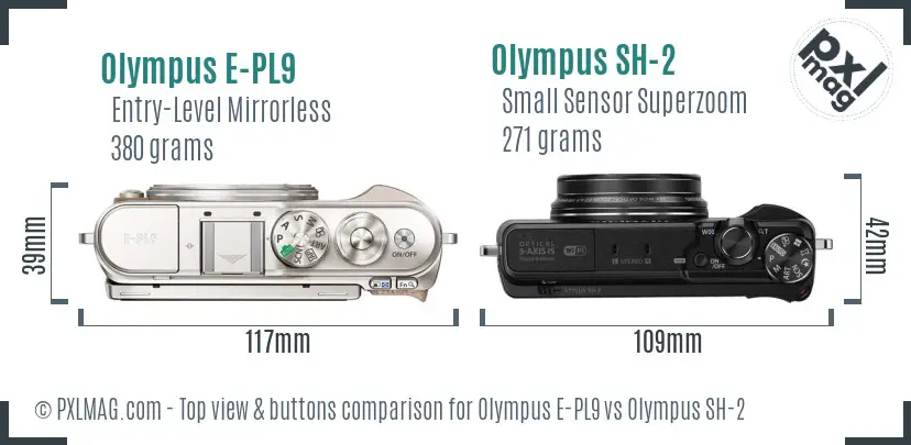 Olympus E-PL9 vs Olympus SH-2 top view buttons comparison