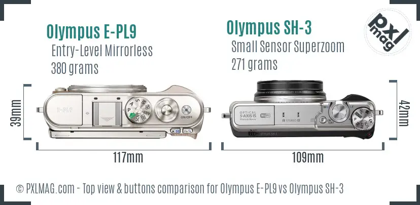 Olympus E-PL9 vs Olympus SH-3 top view buttons comparison