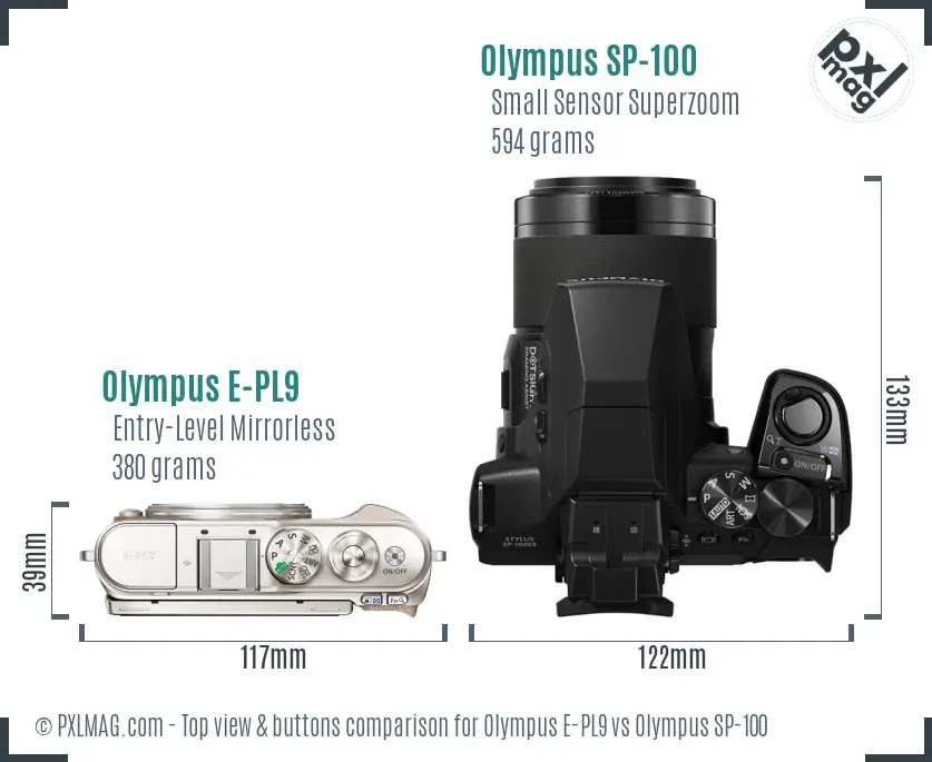 Olympus E-PL9 vs Olympus SP-100 top view buttons comparison