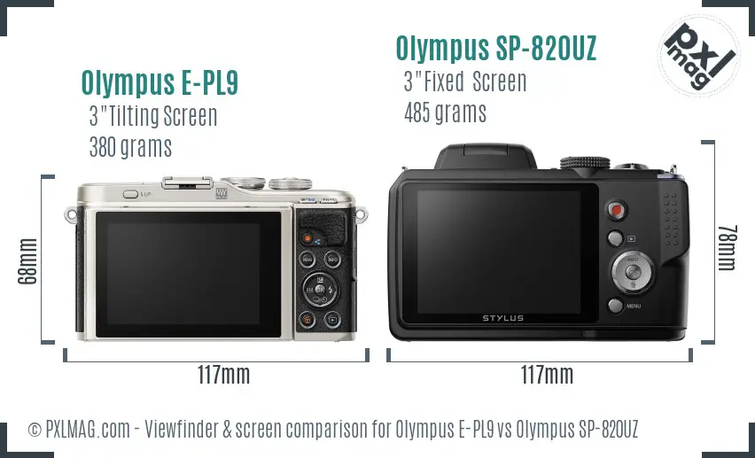 Olympus E-PL9 vs Olympus SP-820UZ Screen and Viewfinder comparison