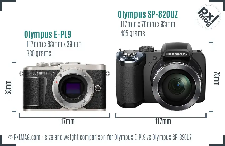 Olympus E-PL9 vs Olympus SP-820UZ size comparison