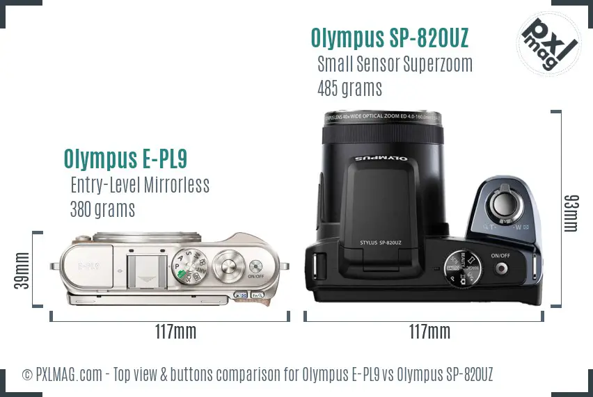 Olympus E-PL9 vs Olympus SP-820UZ top view buttons comparison