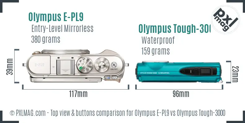 Olympus E-PL9 vs Olympus Tough-3000 top view buttons comparison