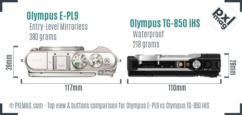 Olympus E-PL9 vs Olympus TG-850 iHS top view buttons comparison