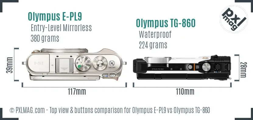 Olympus E-PL9 vs Olympus TG-860 top view buttons comparison