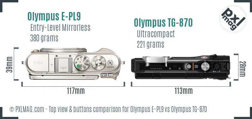 Olympus E-PL9 vs Olympus TG-870 top view buttons comparison