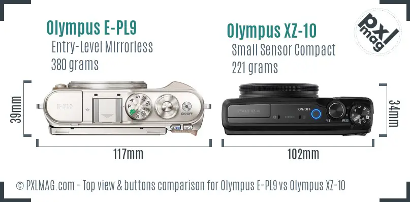 Olympus E-PL9 vs Olympus XZ-10 top view buttons comparison