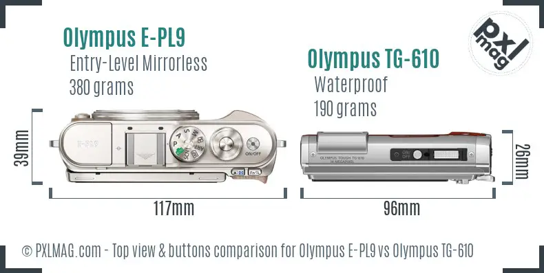 Olympus E-PL9 vs Olympus TG-610 top view buttons comparison