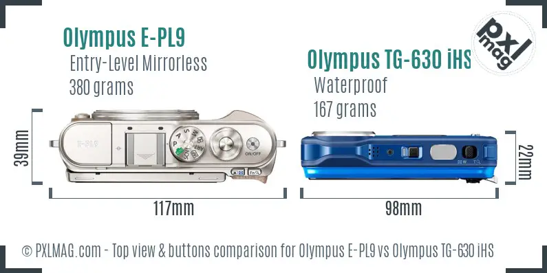 Olympus E-PL9 vs Olympus TG-630 iHS top view buttons comparison